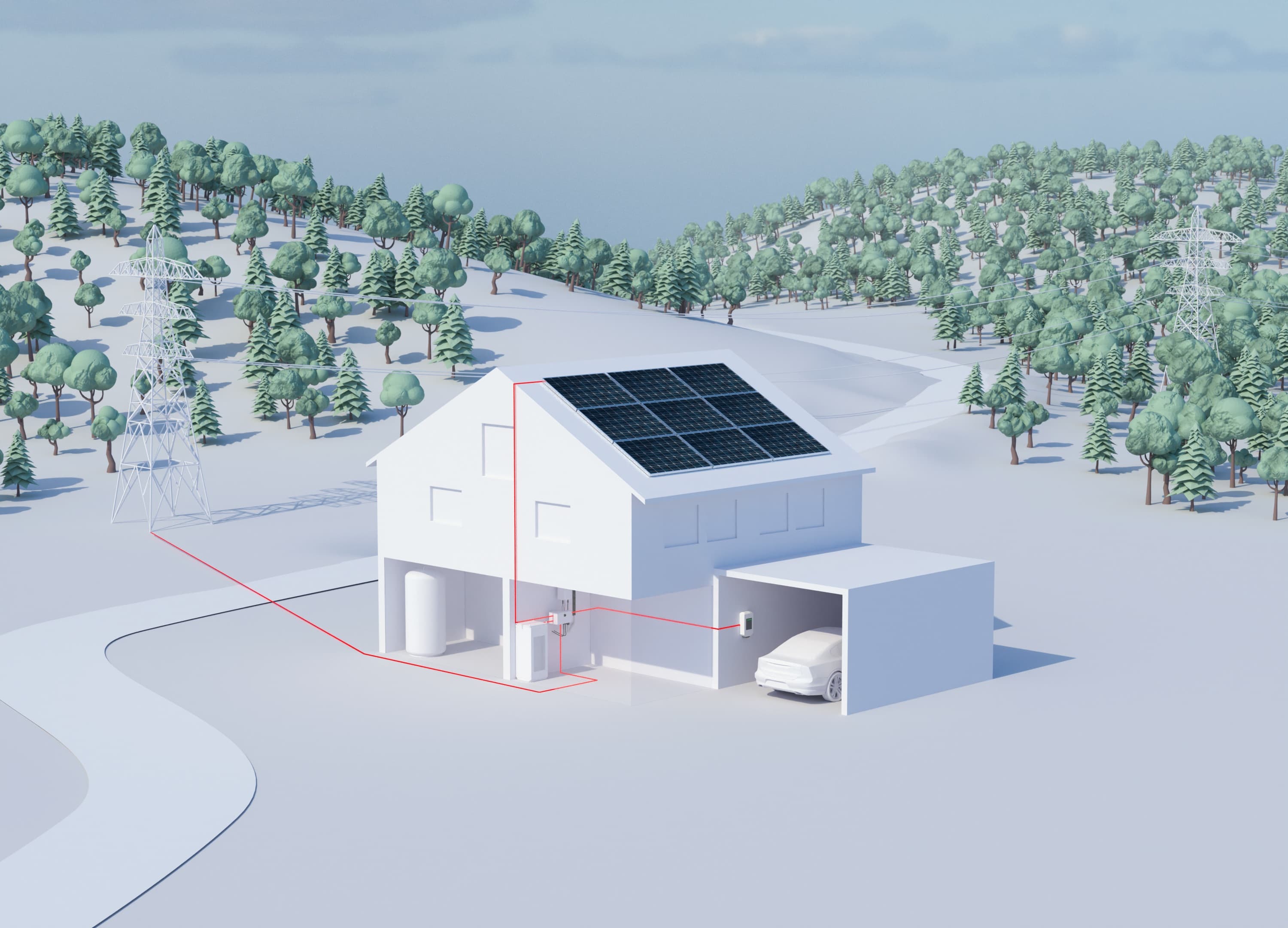 Maison équipée de panneaux solaires, batterie et borne de recharge